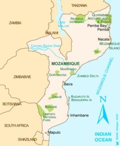 Map of Mozambique on Africa's eastern coastline, bordering the Indian Ocean