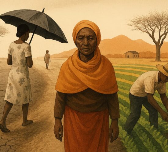 Illustration of people in a rural landscape divided between dry, cracked ground and green cultivated fields, with one person walking under an umbrella, another standing in the foreground wearing layered clothing, and another tending crops, set against distant hills and sparse trees.